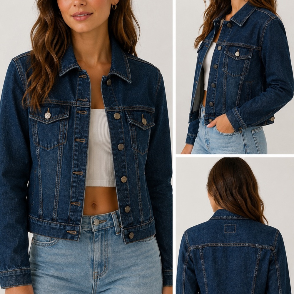 Calvin Klein Dark Wash Denim Trucker Jacket Women’s Classic Button Front - Picture 7 of 9